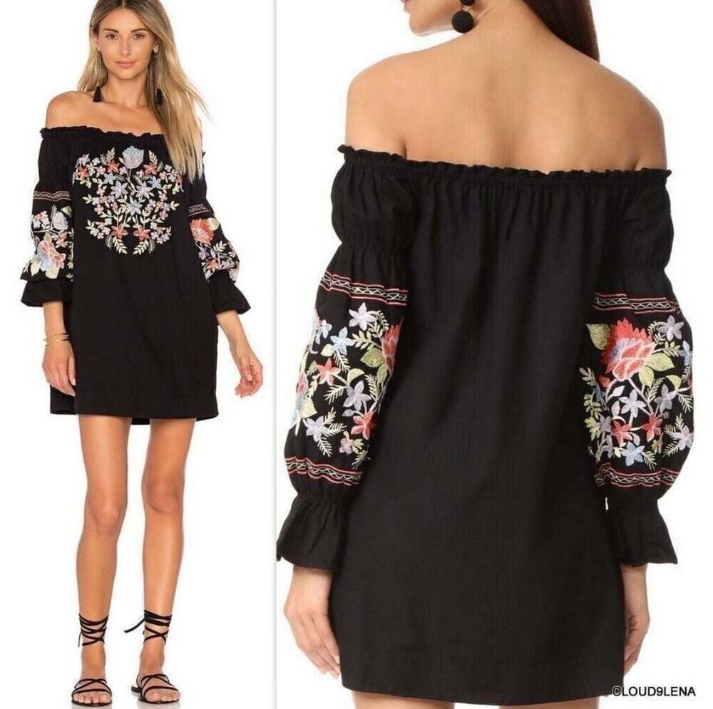 Free People Womens Dress Size L Black Floral Embroidered 3/4 Sleeve Side Pockets